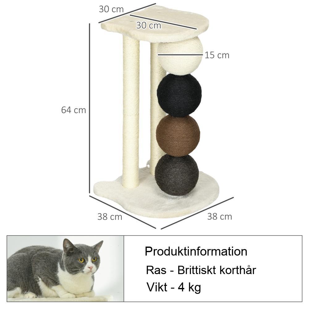 Slitstarkt beige kattträd med sisal-skrapstolpar och bollar (upp till 30 kg)