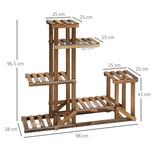 Växtställ i massivt trä 6-vånings, förkolnad finish, 98x28x96,5 cm för inomhus-/utomhusdekoration