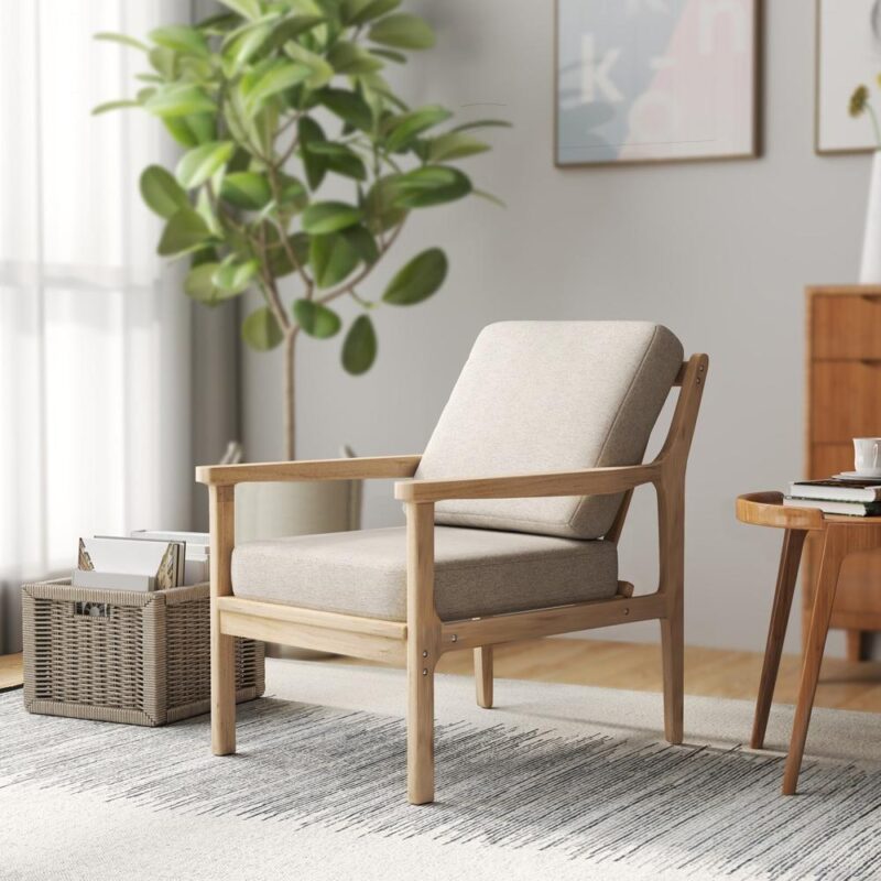 Fåtölj i beige linnelook med avtagbara kuddar, modern loungestol