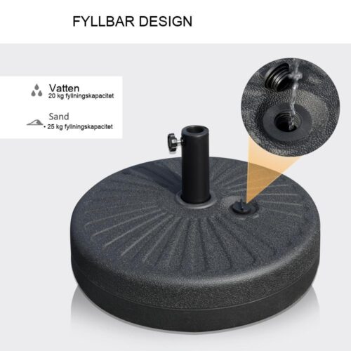 Kraftig svart parasollbas för 38/48 mm paraplyer – 22 kg kapacitet