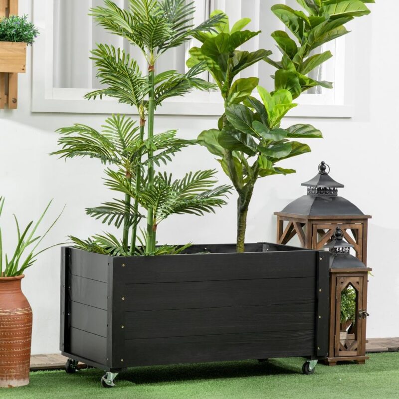 Svart upphöjd trädgårdssäng med hjul – 89x48cm Gran Wood Planter