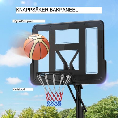 Justerbart stativ för basketbåge, höjd 230-305 cm, splittersäker ryggbräda, hjul