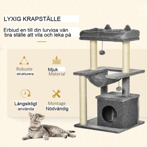 Grå plysch och sisal kattträd med hängmatta, lekträd och grotta