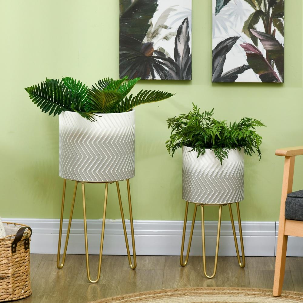 Modern Metal Plant Stand Set om 2 – Vit gråguld