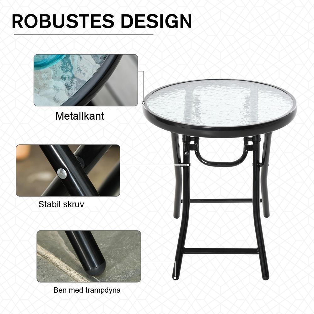 Svart metall fällbart sidobord med glasskiva – Balkong och terrass, Ø45cm