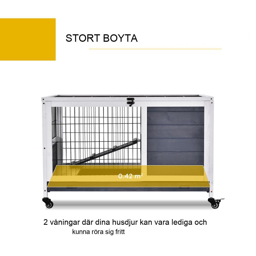 Smådjurshydda av granträ med hjul, design i 2 våningar, inomhus/utomhus