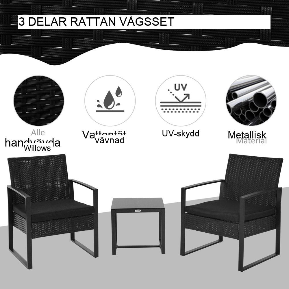 Svart polyrattan trädgårdsset med kuddar – 2 personers balkongmöbler – väderbeständig och modern