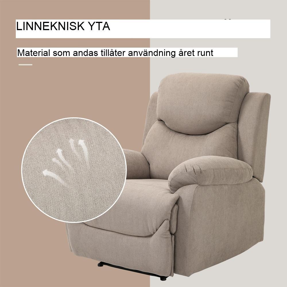 Liggfåtölj i beige linnelook, 150° ryggstöd, TV-loungestol