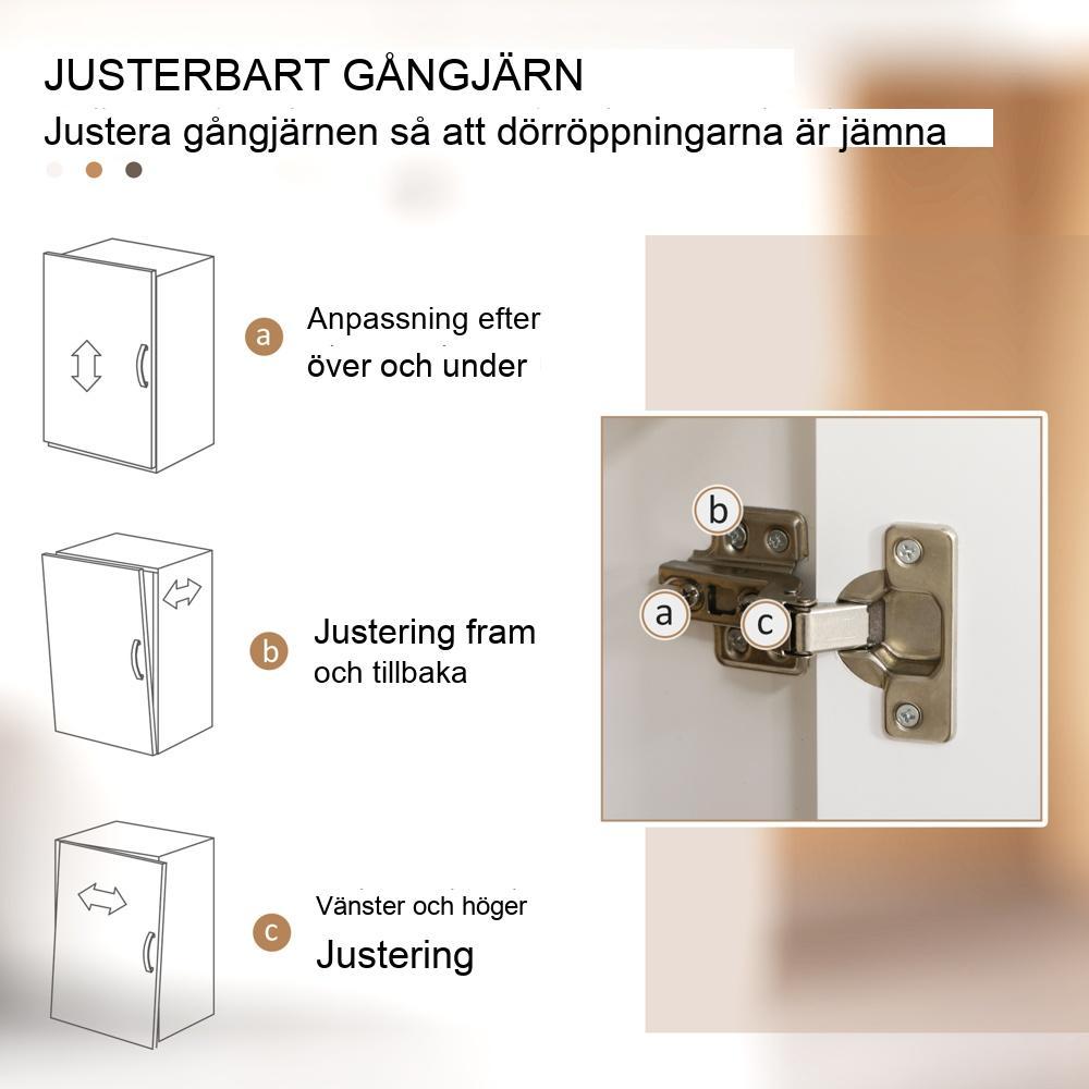 Vitt köksbufféskåp med lådor, öppet fack och mjukstängande dörrar