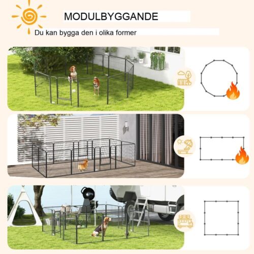 Hundlekhage i stål med 12 paneler med dörrar, anpassningsbart valputrymme för medelstora hundar och kaniner