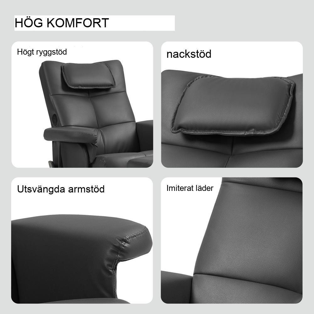 Svart massagefåtölj med fotpall, förvaring och USB-portar