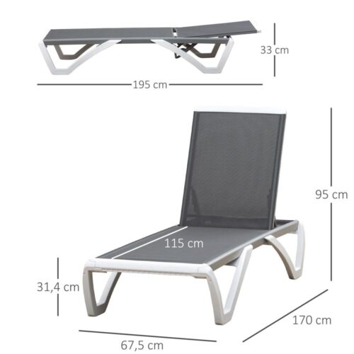 Justerbar solstol i aluminium, ergonomiskt textiltyg, grå+vit 5-vägs ryggstödsstol, avkopplande trädgårdsstol Utemöbler