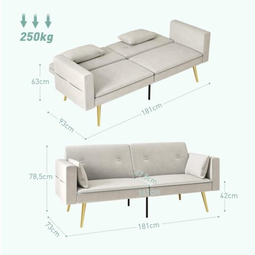 Justerbart ryggstöd Bäddsoffa, Dubbelsäng, Beige Velvet 2-Sits