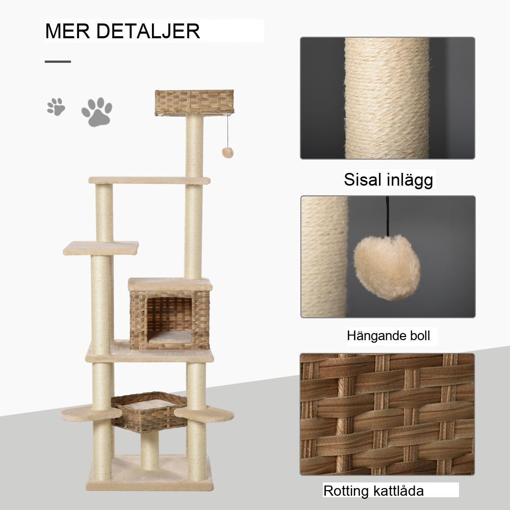 XXL Rattan Cat Tree med skrapstolpe, grotta och lägenhet