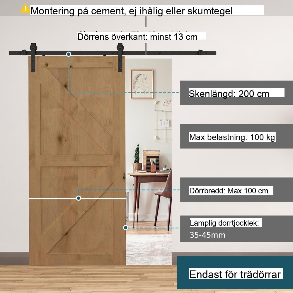 Svart kolstål skjutdörrssats – 200cm, Rymmer 100kg