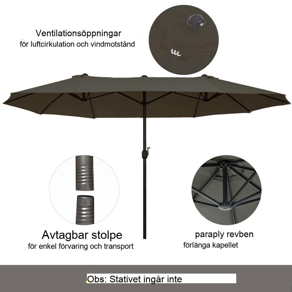 Dubbelt trädgårdsparaply med handvev, grå oval, stor skärm