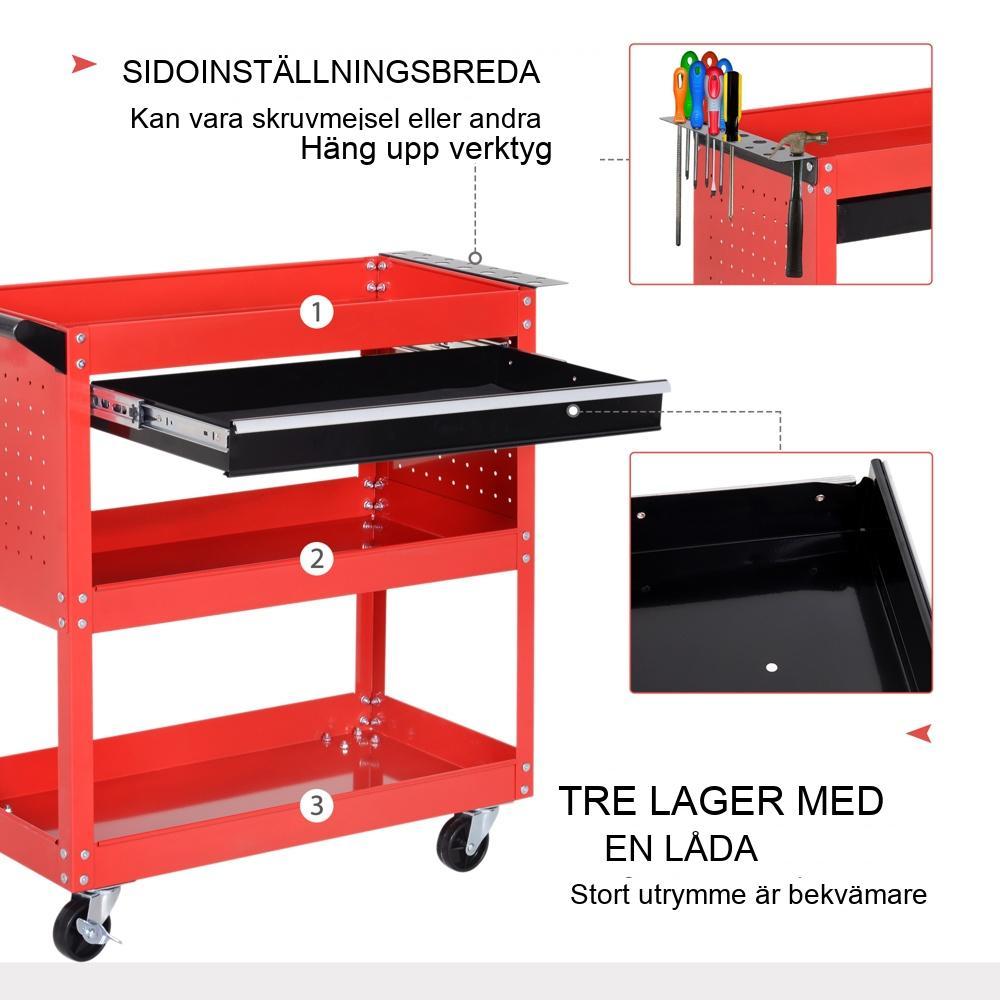 Red Steel Tool Trolley med låda, 60 kg kapacitet, garageförvaring