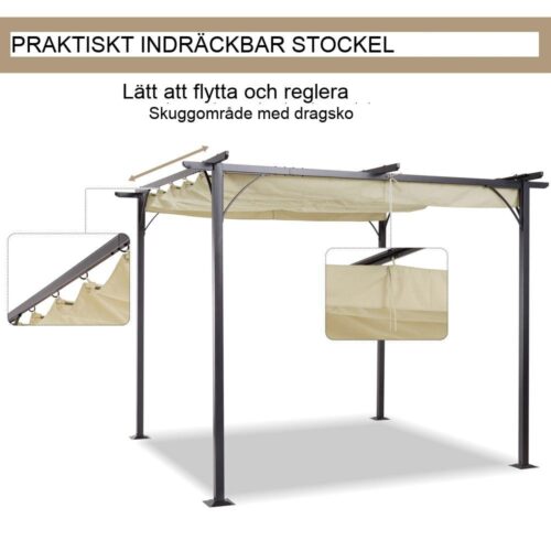 Pergola Paviljong 3x3m med infällbart soltak och UV-skydd, robust ram i rostfritt stål