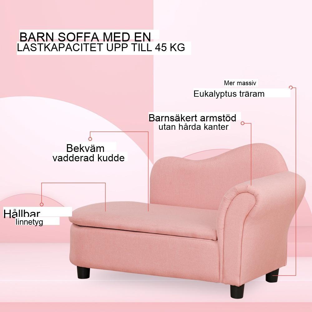 Rosa barnsoffa med förvaring, massivt trä, för åldrarna 3-5