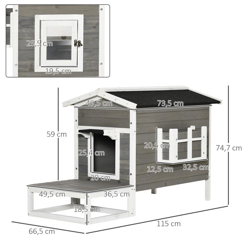 Gran Wood Cat House med terrass och balkong, grått och vitt