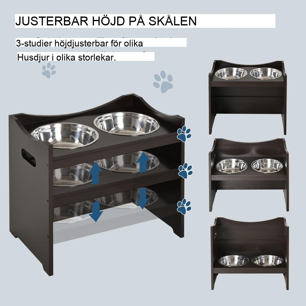 Höjdjusterbar hundskålstativ, rostfritt stål, mörkbrun MDF