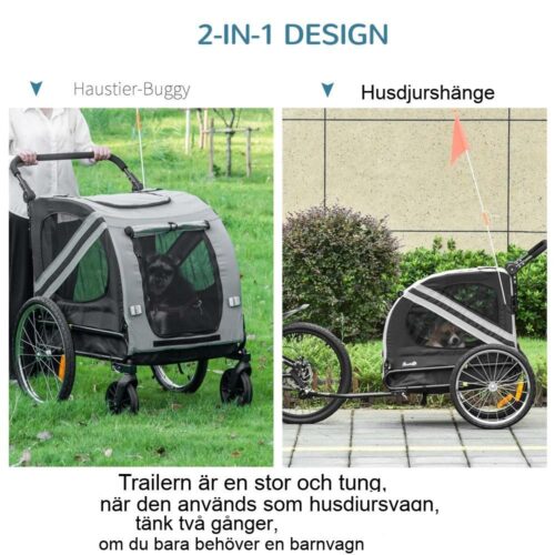 2-i-1 hundcykelsläp och vagn, reflekterande, Oxford-tyg, medelstora hundar (upp till 20 kg)