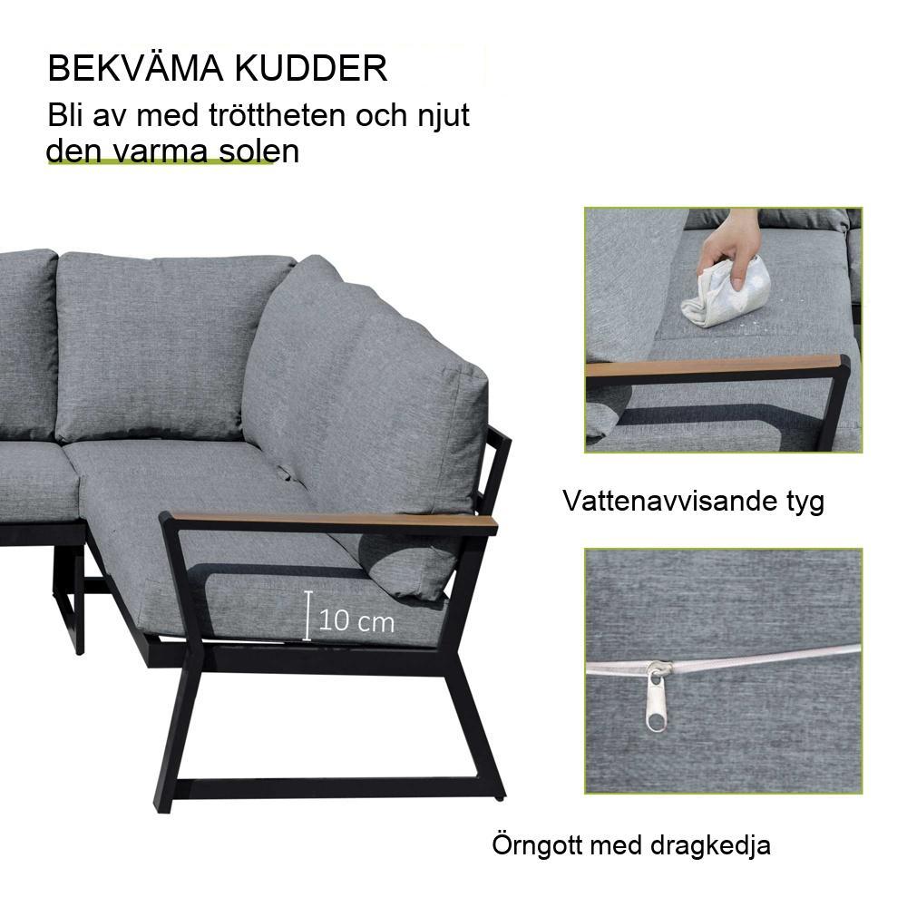 Utemöbler i aluminium för 4 – L-formad soffa, kuddar och sidobord