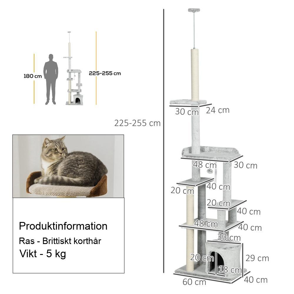 Justerbart kattträd från golv till tak med tippskydd – ljusgrå