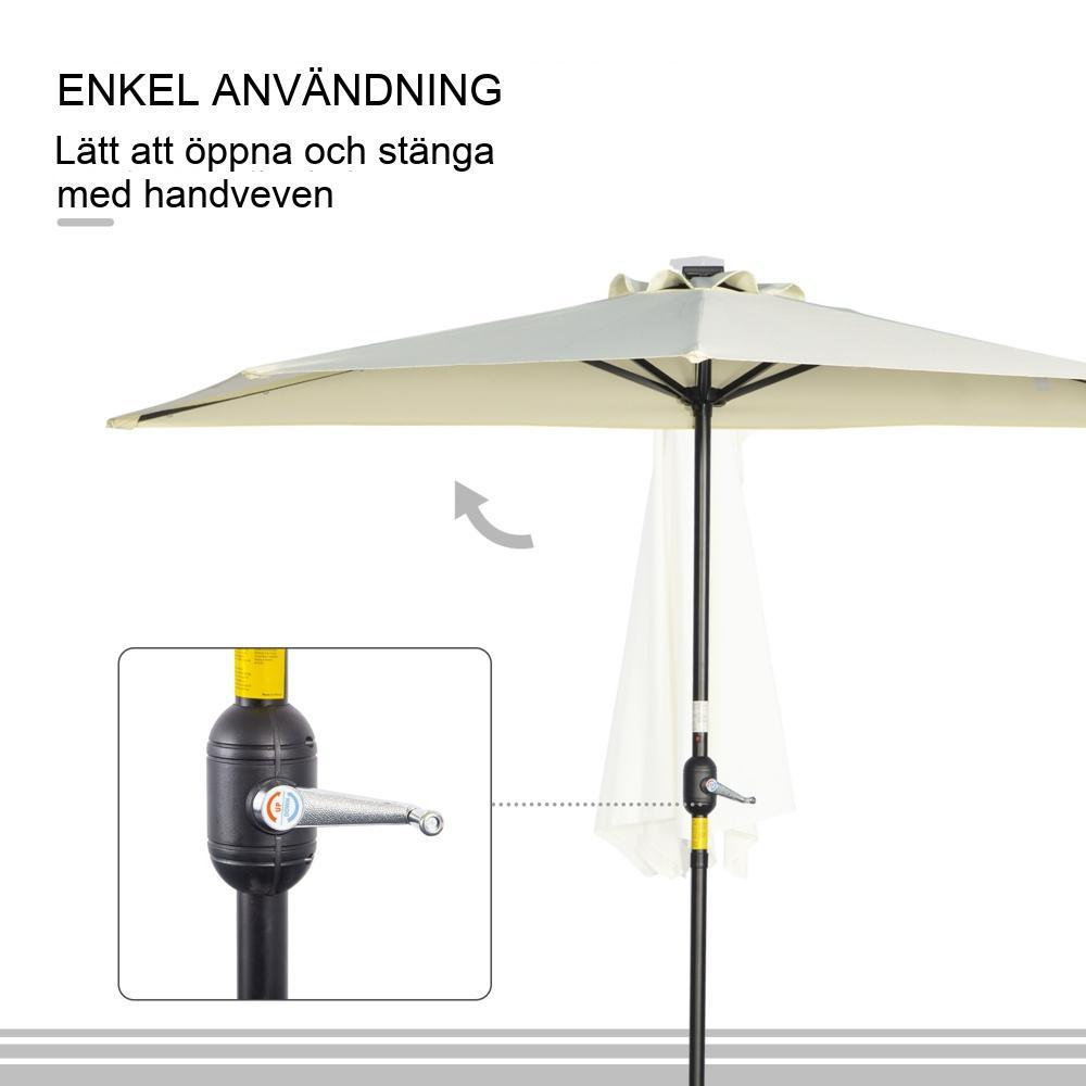 Beige Solar LED Halv Paraply – Uteplatsskärm med vev och vindhuva