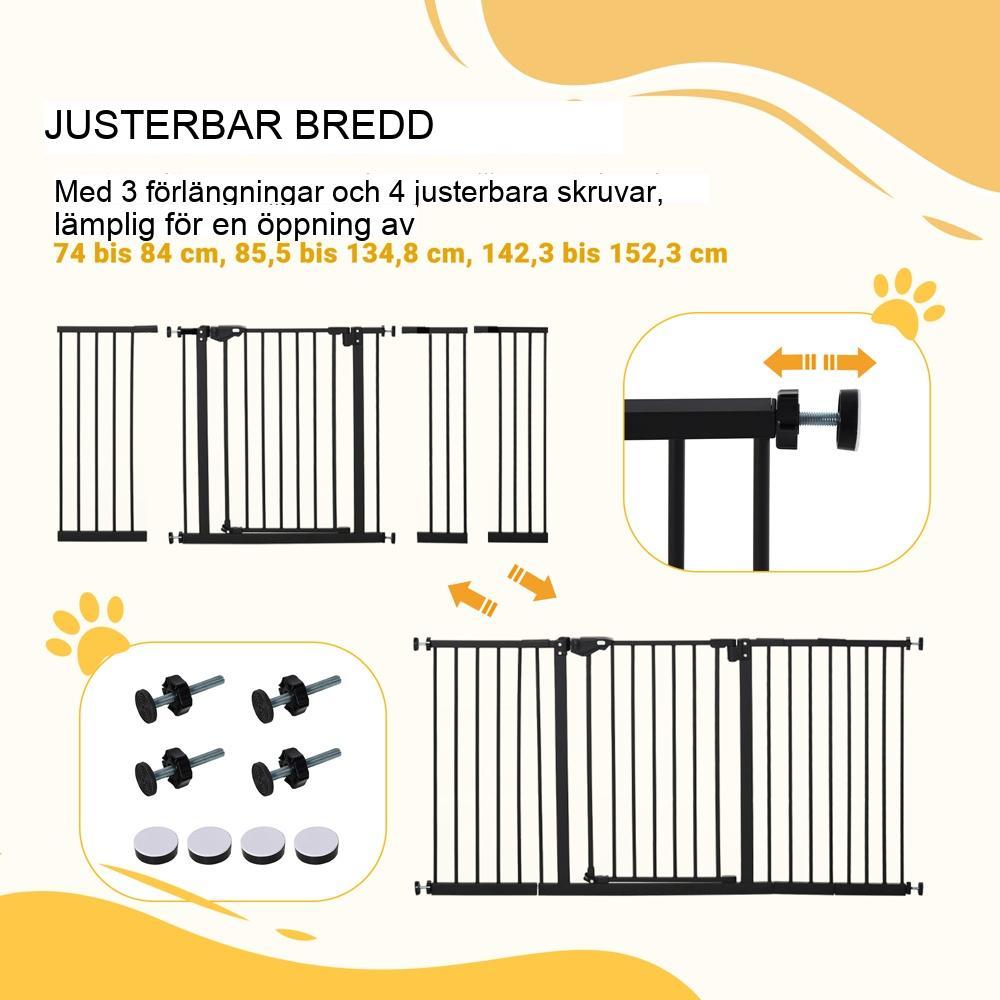 Svart metalldörrsäkerhetsgrind för husdjur och barn, utbyggbar till 147,5 cm