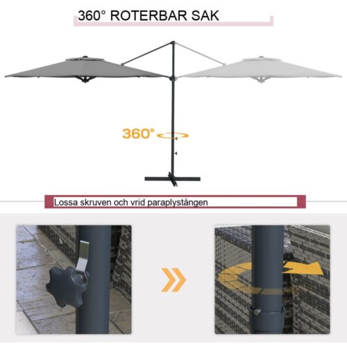 Roterande fribärande paraply – Mörkgrå Ø3m med vev- och tiltsystem – Balkong Uteplats Trädgård