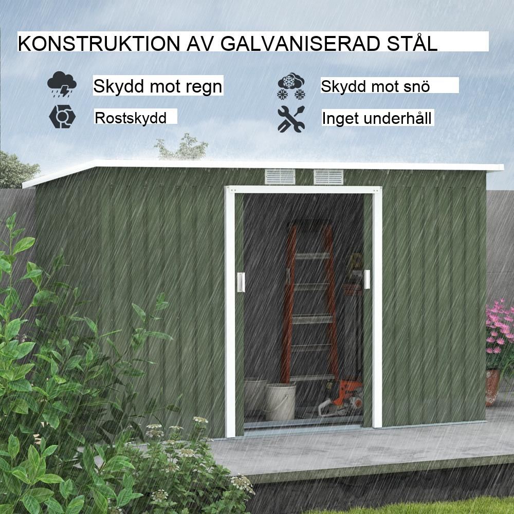 Verktygsskjul i ljusgrönt stål med skjutdörrar, ventilation och förvaring 280x130x172cm