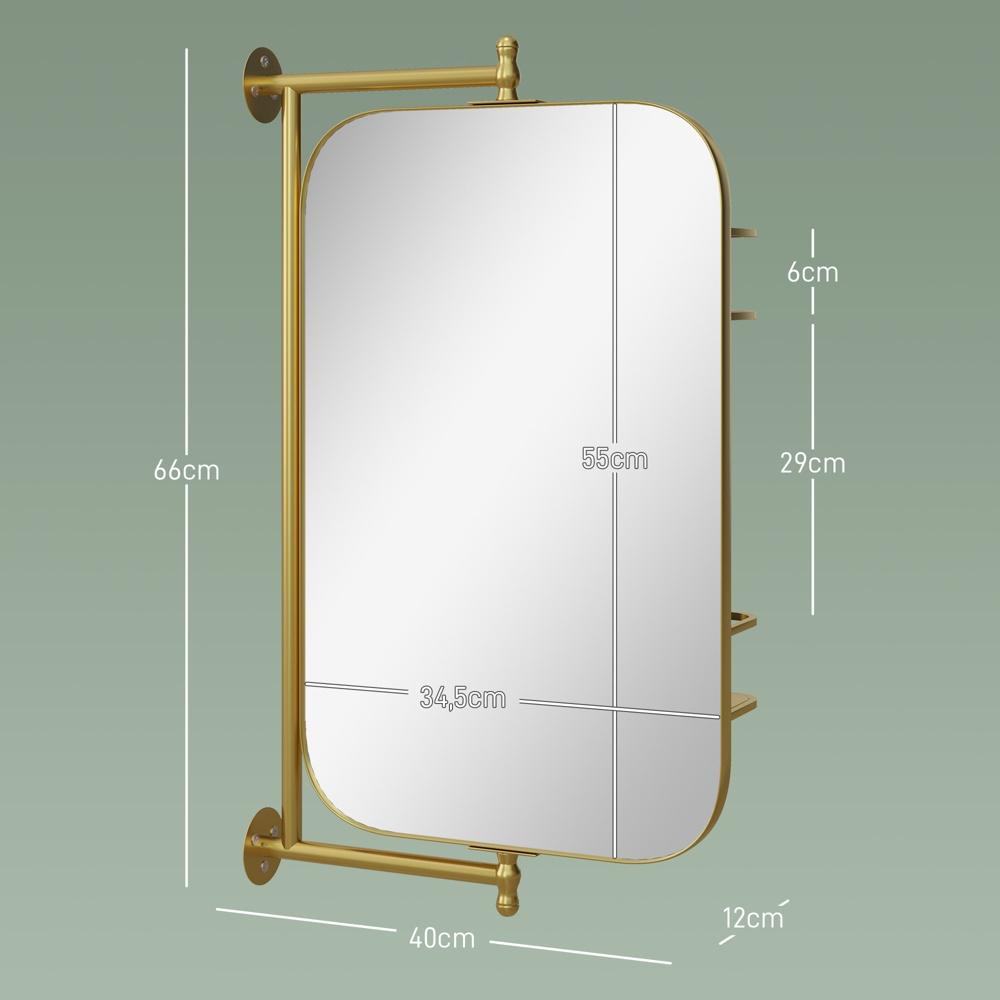 Roterande guldbadrumsspegel med hylla, 40×66 cm sminkspegel