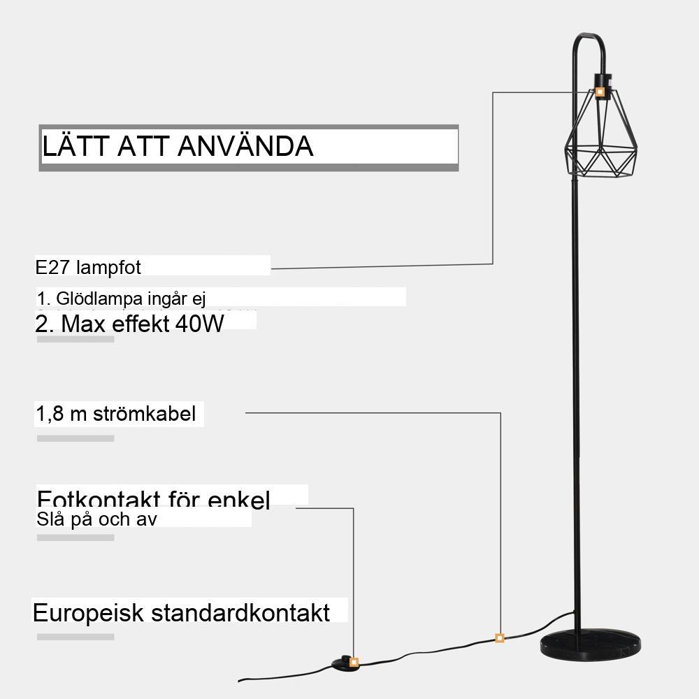 Golvlampa i industriell stil med marmorfot, svart E27-sockel i stål