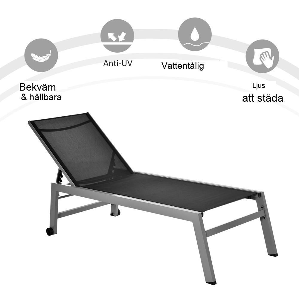 Svart solstol i aluminium med justerbart ryggstöd, trädgårdsschäslong