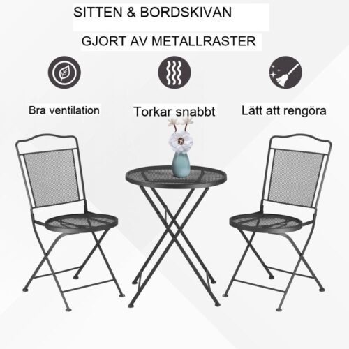 Black Metal Garden Bistro Set för 2 – Fällbart uteplatsbord och stolar