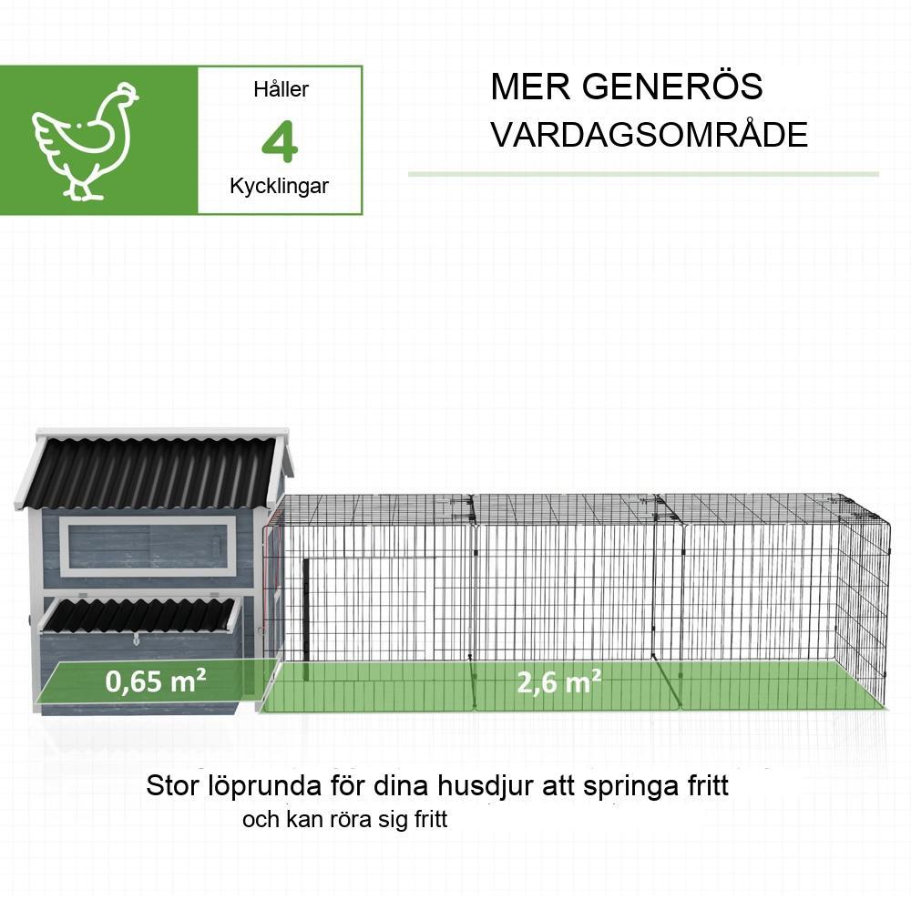 Rymligt hönshus i granträ med frigångs- och häckningsboxar, väderbeständig