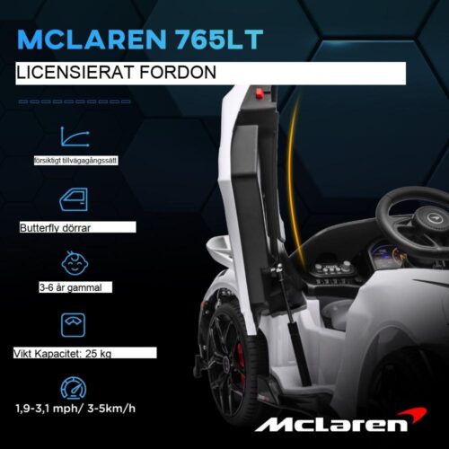 McLaren 765LT licensierad elbil för barn med fjärrkontroll, lampor och musik