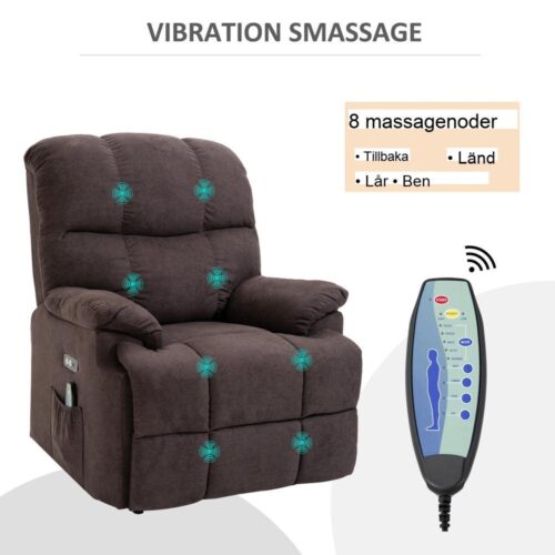 Elektrisk massage-TV-fåtölj med uppställningshjälp, 8 vibrationspunkter sammetsbrun