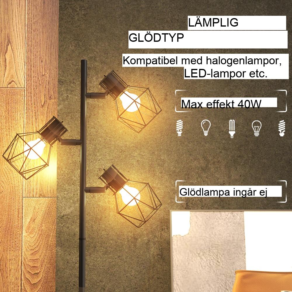 Svart modern 3-ljus justerbar golvlampa för vardagsrum