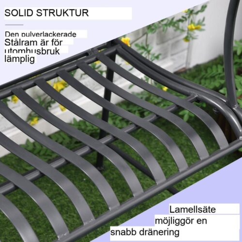 Trädgårdsbänk i tung metall, bekväm uteservering för 2, grå