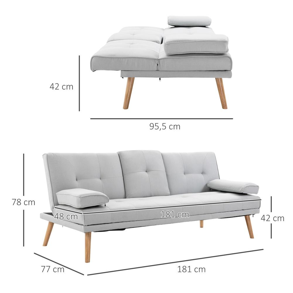 Ljusgrå 3-sits bäddsoffa i linne med justerbart ryggstöd och sidobord