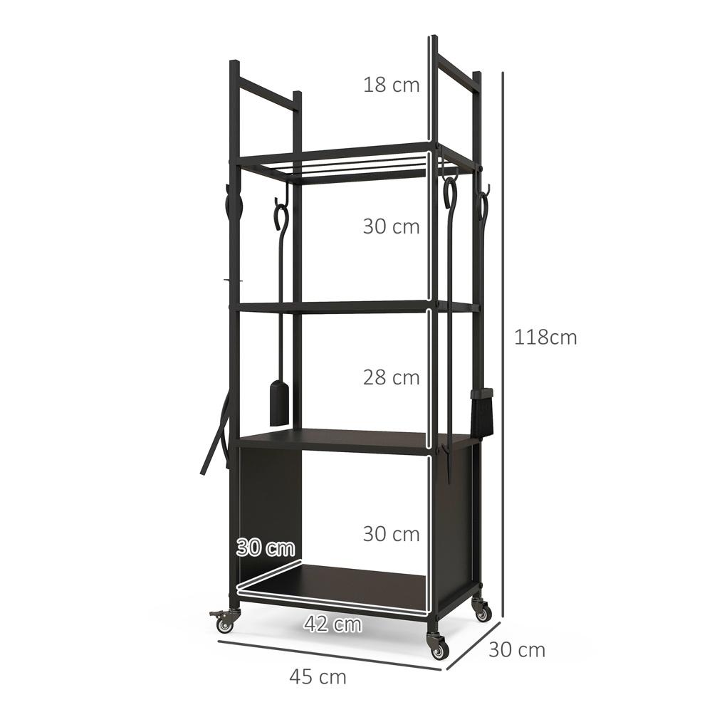 Vedställ i svart metall med hjul, 4 hyllor, upp till 60 kg kapacitet