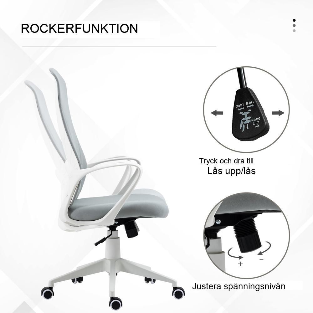 Ergonomisk kontorsstol med justerbar höjd, gungande och ljusgrå tyg