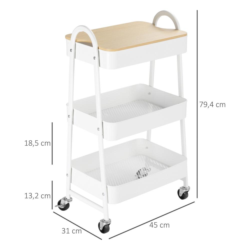 Vit 3-vånings köksvagn i metall med lock och förvaring – 45x31x79,4 cm