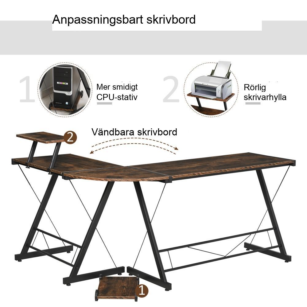 Industriellt hörnskrivbord med rymlig arbetsyta, svart och brunt