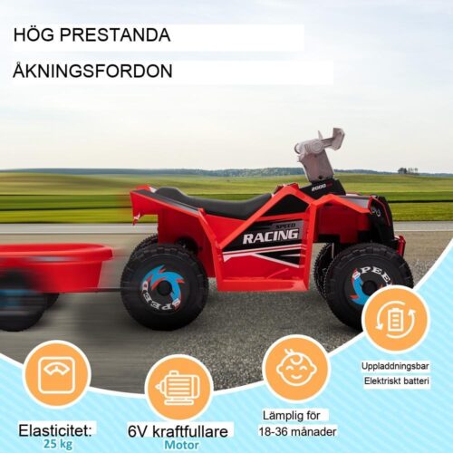 Red Kids Electric Quad med släp, växel framåt/back och slitstarka hjul (1,5-3 år)