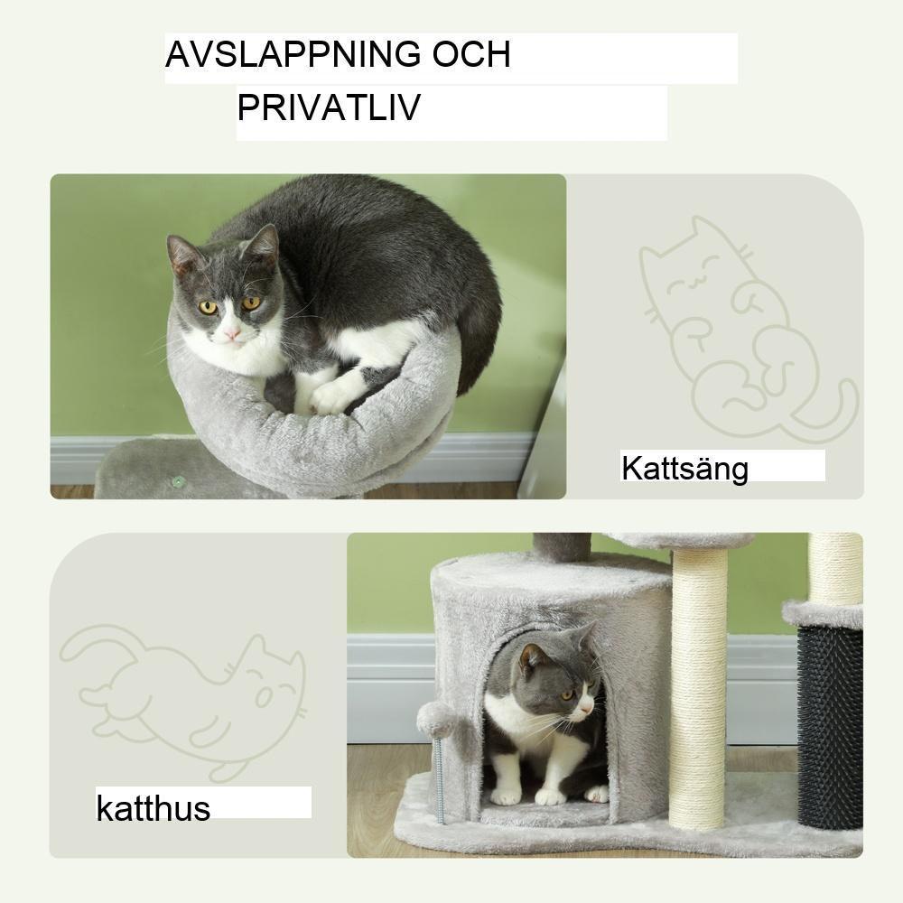 Ljusgrå kattträd med grotta, säng och skrapstolpar (upp till 5 kg)