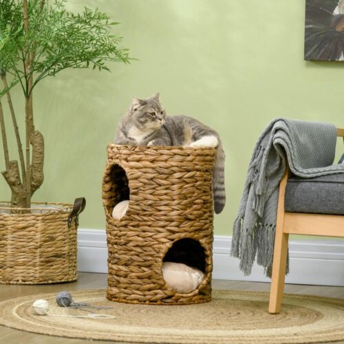 Natural Water Hyacinth Cat Scratching Tower med kudde, 47 cm högt