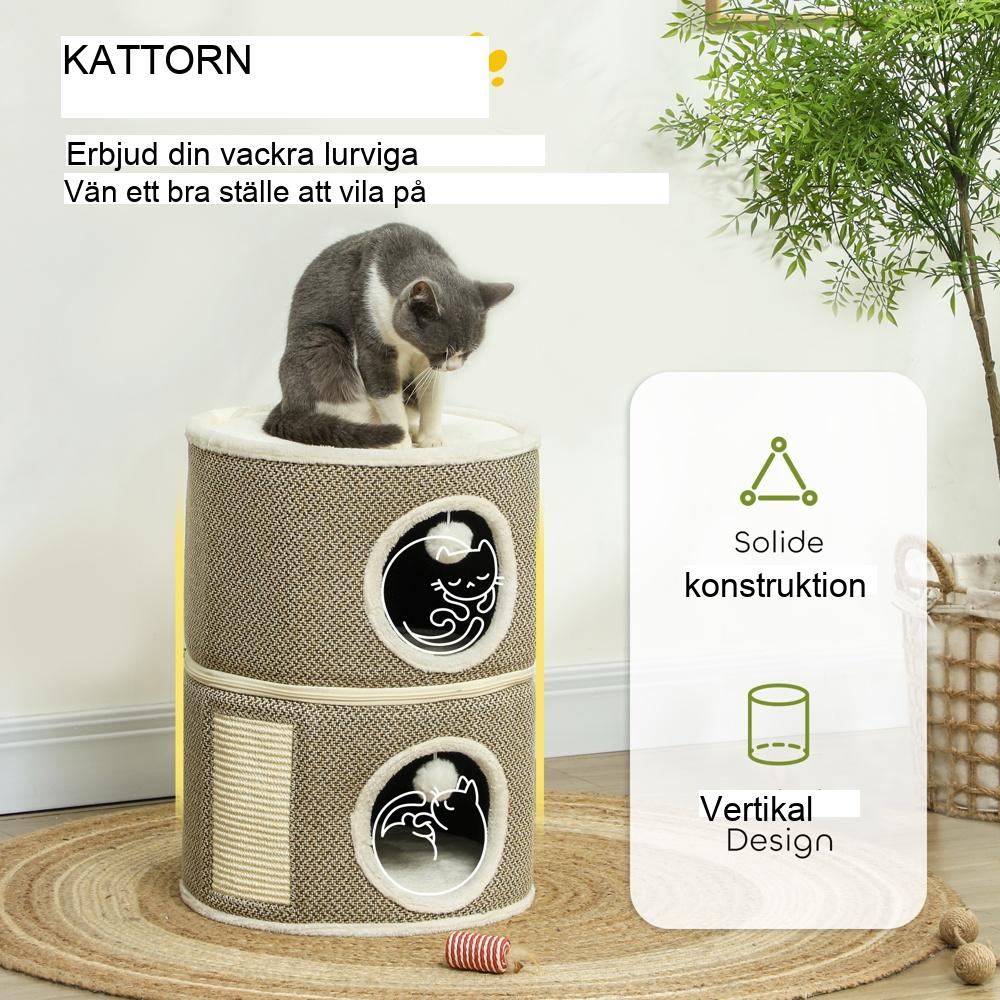 Mörkgrå Sisal Cat Tower med skrapstolpe, Hideaway och plysch